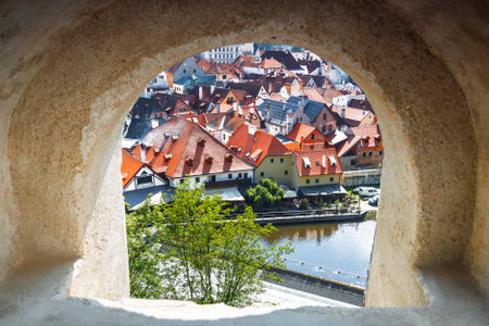 Top view of Cesky Krumlov through the window in the wall of the fortress, Czech Republicのeditorial素材