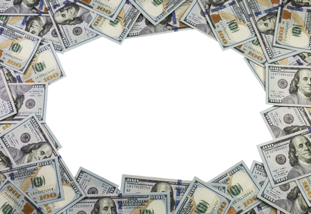 A frame made of 100 dollar bills on white background isolatedの写真素材