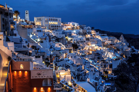 View of the city of Fira at night, Santorini, Greeceのeditorial素材