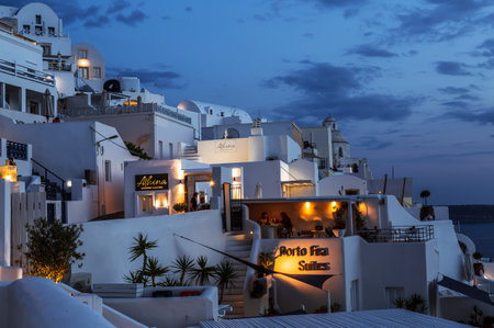 View of the city of Fira at night, Santorini, Greeceのeditorial素材