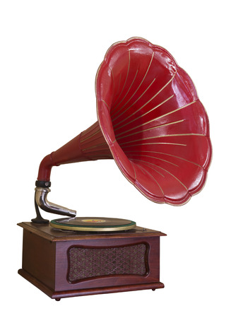 Red vintage gramophone on white background isolatedの写真素材
