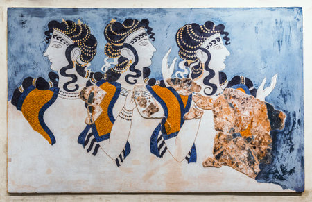 "Ladies in blue" fresco from Knossos Palace. The archaeological Museum in Heraklion, Crete, Greeceのeditorial素材