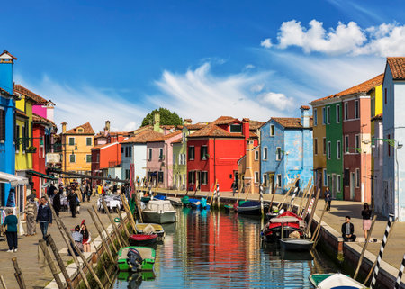 The urban landscape on the island of Burano with bright colorful buildings, Venice, Italyのeditorial素材