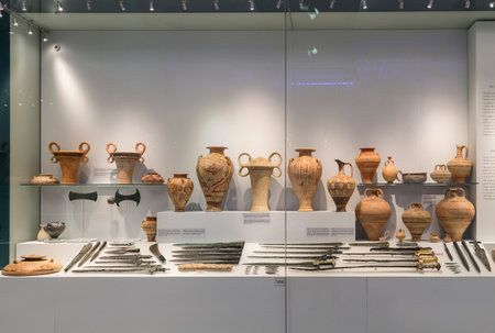 Showcase of artifacts in the Archaeological Museum in Heraklion, Crete, Greeceのeditorial素材