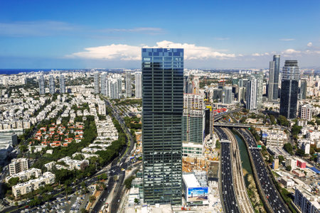 Top view of Tel Aviv, Ayalon Highway and Ramat Gan district, Israelのeditorial素材