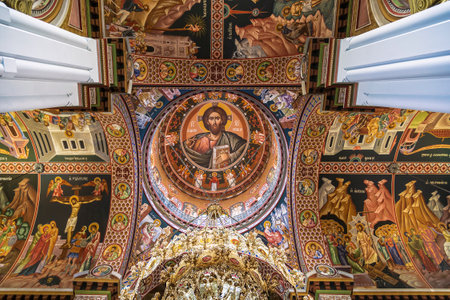 The interior of the church of St. Catherine of Sinai - an Orthodox church in Heraklion, the ceiling. Crete, Greeceのeditorial素材