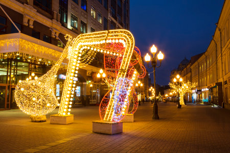 New year in Moscow, Christmas decorations, Arbat street in the early morning. Russiaのeditorial素材