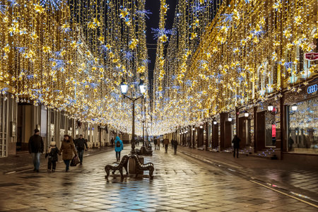 Nikolskaya street in Christmas decoration, Moscow, Russiaのeditorial素材