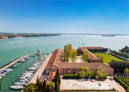 Top view of San Giorgio Maggiore island, Venetian lagoon, Marina and monastery grounds, Venice, Italyのeditorial素材