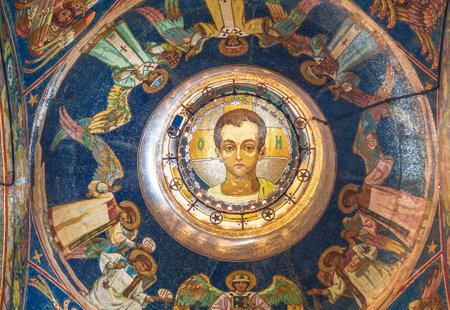Interior of the Savior on Blood. Mosaic of South-Eastern dome Spas Emmanuel, Christ in adolescence,...