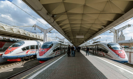 High speed trains Sapsan  near platform the Leningrad railway station in Moscow, Russia