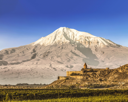 View of mount Ararat from Armenia and the monastery of Khor Virap with vineyards in the foregroundの写真素材