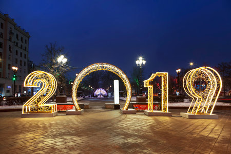 Christmas decoration of Pushkin Square in the form of glowing numbers 2019. Moscow, Russiaのeditorial素材