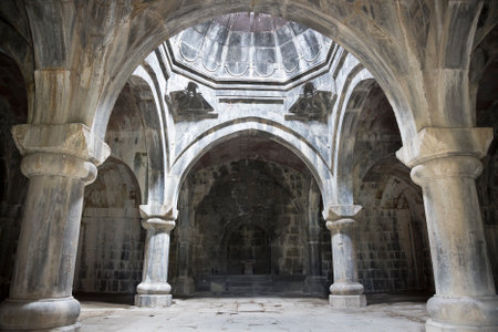 Medieval Armenian monastery Haghpat. The interior of the gavit of Hamazasp.10 century. Armenia
