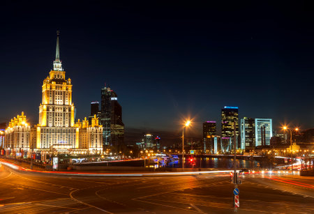 Moscow at night. Hotel Ukraine, business center Moscow city, Moscow river. Russiaのeditorial素材