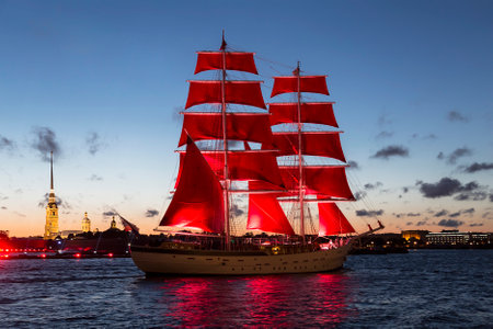 Sailboat "Russia" with scarlet sails floating on the Neva. Annual celebration of graduates in St. Petersburg. Russiaのeditorial素材