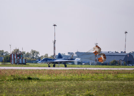 International aviation and space salon in Zhukovsky. Landing after a demonstration flight multifunctional fifth generation fighter, the su-57. 2019, Russiaのeditorial素材