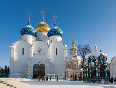 Assumption Cathedral of the Trinity-Sergius Lavra in winter, Sergiev Posad. Moscow region, Russiaのeditorial素材