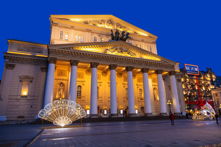 Decoration of Theater square at the Bolshoi theater on new year's holidays in the early morning,...