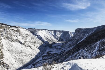 View of the mountain valley with the Chulyshman river in winter, Katu-Yaryk pass. Altai republic