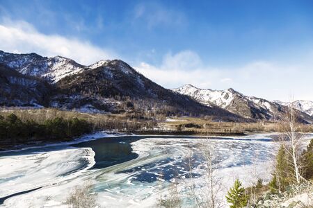 Winter landscape, the Katun river flows among the Altai mountains. Altai Republic, Russiaの写真素材