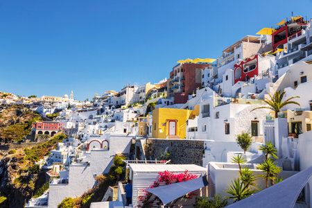 View of the town Fira on the island of Santorini on a Sunny summer day. Greeceのeditorial素材