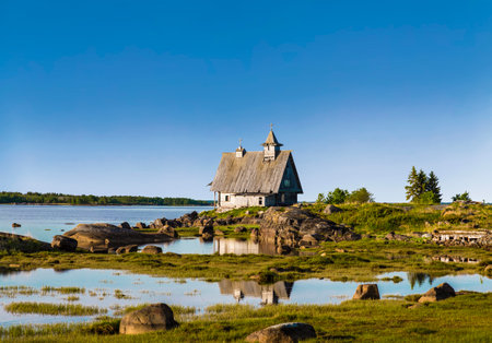 Old wooden chapel on the White sea. Scenery for the film of Russian director of "The Island". Town  Kem, Arkhangelsk region, Russiaのeditorial素材