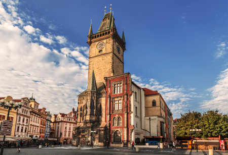 View on the old town square and city hall with tourists in summer Sunny day in Pragueのeditorial素材