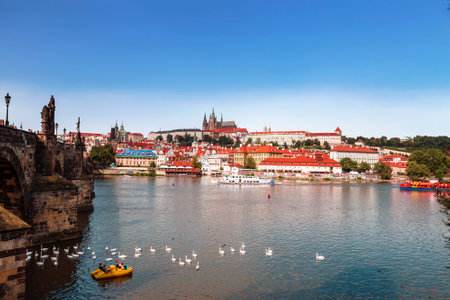 View of Prague, Mala Strana historical district, Charles bridge  and Vltava river. Prague, Czech...