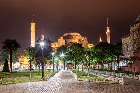 View of the Hagia Sophia at night in Istanbul, Turkeyのeditorial素材