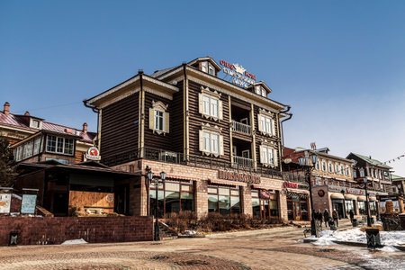 130th quarter, a specially created area of historical development in Irkutsk. "Kupechesky Dvor" hotel in the foreground. Russiaのeditorial素材