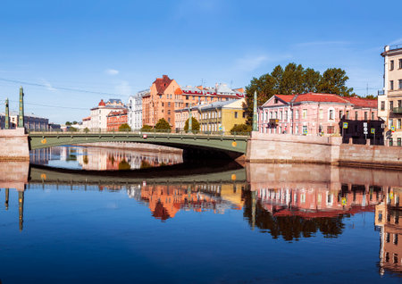 View of the Fontanka river, the Egyptian bridge and the embankment. St. Petersburg, Russiaのeditorial素材