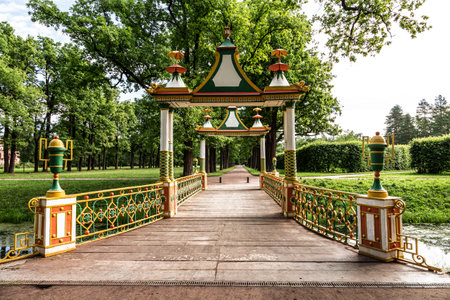 Colorful bridge in the Chinese style in the Alexander Park of Tsarskoye Selo, Russiaのeditorial素材