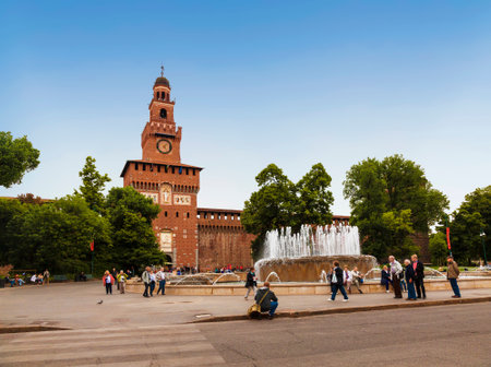 View of the Sforza castle in Milan with a fountain in the foreground in the Castle square in the historical center. Italyのeditorial素材