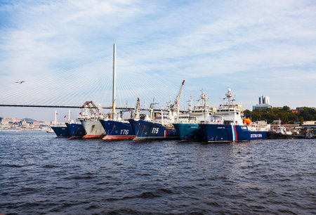 Coast Guard ships at the pier in the Golden Horn Bay. Vladivostok. Russiaのeditorial素材