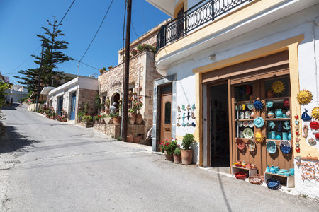 View of the street of the village of Margarites in Crete, the village of potters. Greeceのeditorial素材