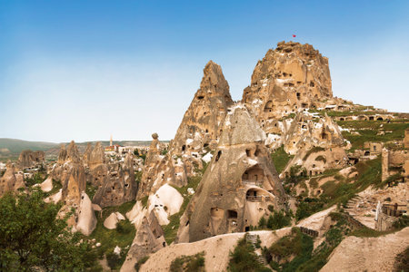 The view of the ancient city and fortress Uchisar, Cappadocia, Turkeyのeditorial素材