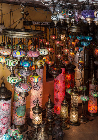 Turkey, Istanbul. Traditional turkish lamps in a small souvenir shop. Handmade mosaic of colored glass.のeditorial素材