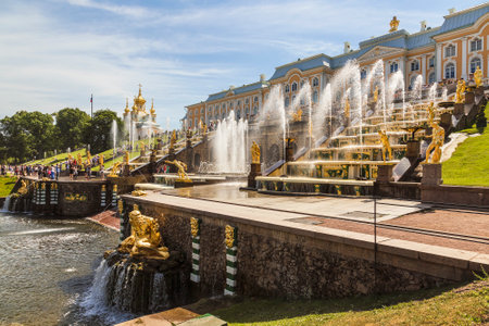 Peterhof, View of the Grand Cascade fountain and the Grand Peterhof Palace on a sunny summer day. Saint-Petersburg, Russiaのeditorial素材