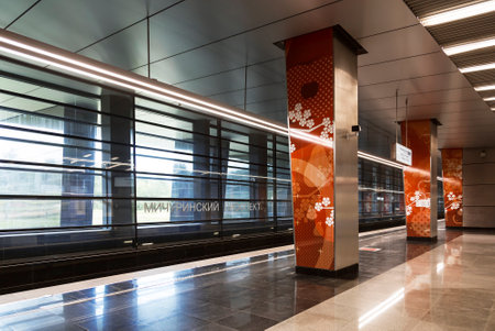Interior of Michurinsky Prospekt station, Moscow metro, Moscow, Russiaのeditorial素材