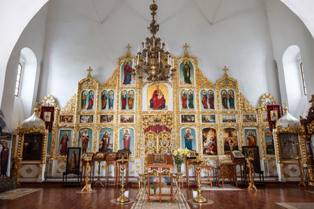 Iconostasis of the Cathedral of the Nativity of the Virgin in the Solotchensk Convent of the Nativity of the Virgin. Ryazan, Russiaのeditorial素材
