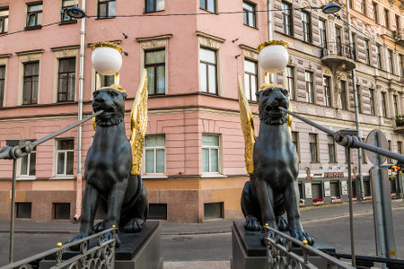 View on griffins on the Bank bridge over the Griboyedov canal in St. Petersburg. Russiaのeditorial素材