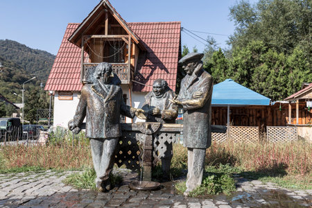 The bronze Monument-spring to heroes of the famous Soviet movie "Mimino". Armenia, Dilijanのeditorial素材