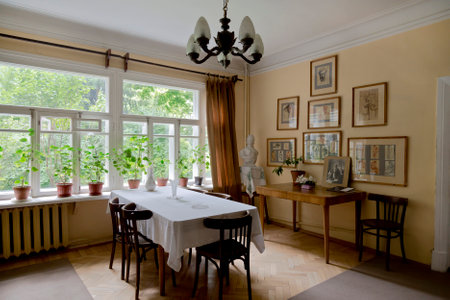 Memorial House-museum of the famous Soviet writer Boris Pasternak in Peredelkino. Interior of the living-dining room. Moscow Region, Russiaのeditorial素材