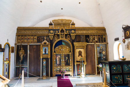 The interior of the Church of the Savior Not Made with Hands in the Abramtsevo Estate Museum. Moscow region, Russiaのeditorial素材