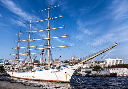 The training three-masted ship Nadezhda is parked in the Golden Horn Bay in Vladivostok. Russia