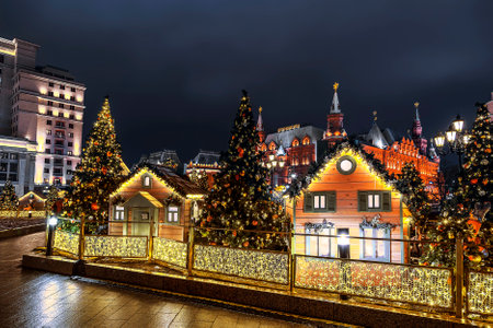 New Year installations in the form of fairy-tale houses and Christmas trees on Manezhnaya Square at night. Moscow. Russiaのeditorial素材