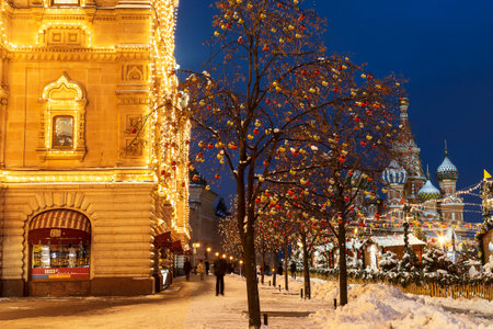 On Red Square in New Year's decoration at winter twilight. Moscow, Russiaのeditorial素材