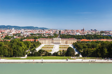 Panorama of the SchÃ¶nbrunn Palace and city Vienna, top view. Austriaのeditorial素材