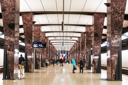 The interior of the Khoroshevskaya station of the Moscow Metro. Moscow, Russiaのeditorial素材